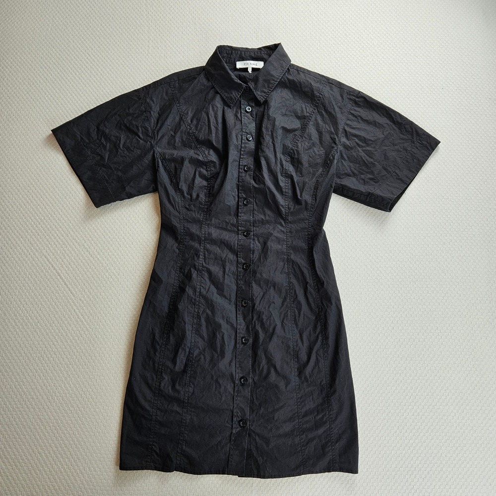 FRAME Organic Cotton Black Short Sleeve Collar Mini Shirt Dress Size S Heritage